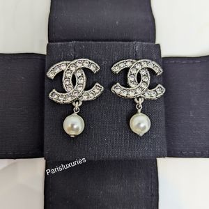 CHANEL Brand New Gunmetal Silver Large CC Crystals Pearl Dangle